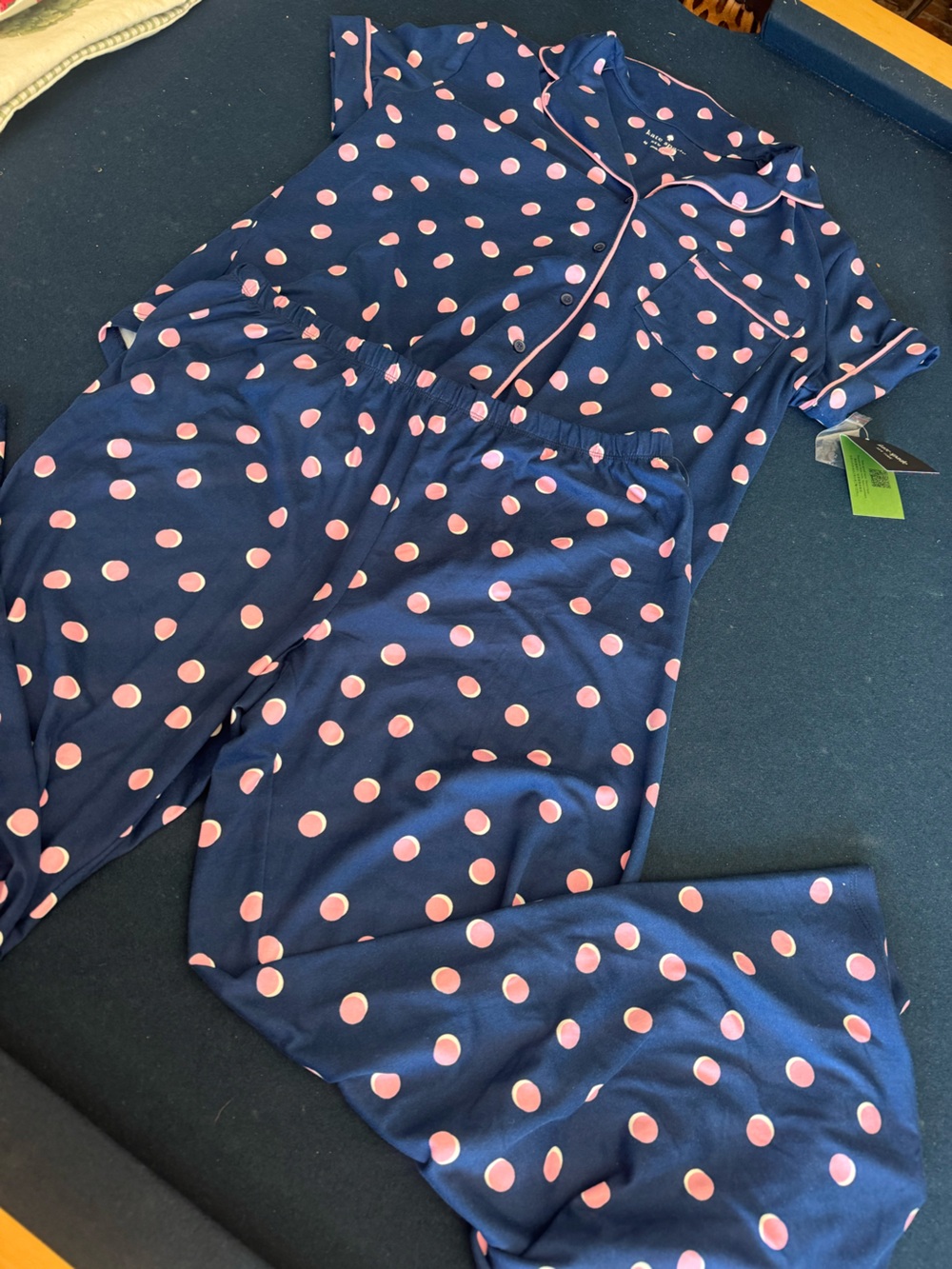 kate spade ♠️ Navy Pajama Top with Pink and Cream Polka Dots, cute comfy &cool! - Picture 14 of 14